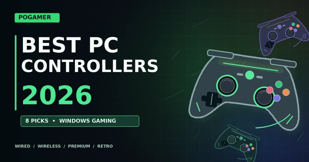 Illustrated PC gaming controllers for PoGamer’s 2026 buying guide.