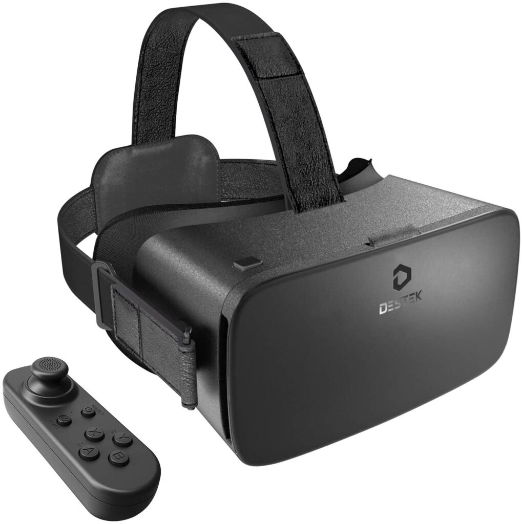DESTEK V5 VR Headset 2021, w/Bluetooth Controller Virtual Reality Headset 110°FOV Anti-Blue Light Eye Protected for iPhone 12/11/X/XR Samsung A71/A50/S20 FE/S10, Phones w/4.7-6.8in Screen