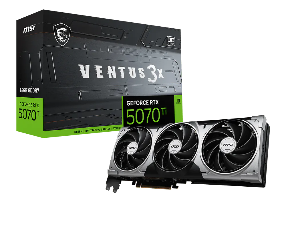 MSI GeForce RTX 5070 Ti 16G Ventus 3X OC graphics card with three cooling fans