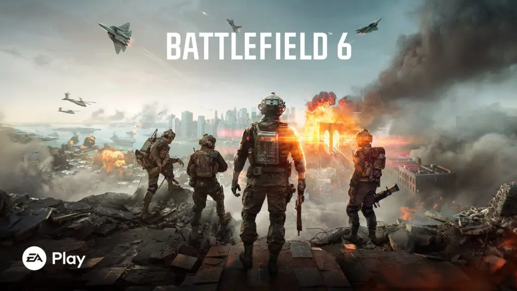 Battlefield 6 official key art showing soldiers facing an urban battlefield and burning vehicles