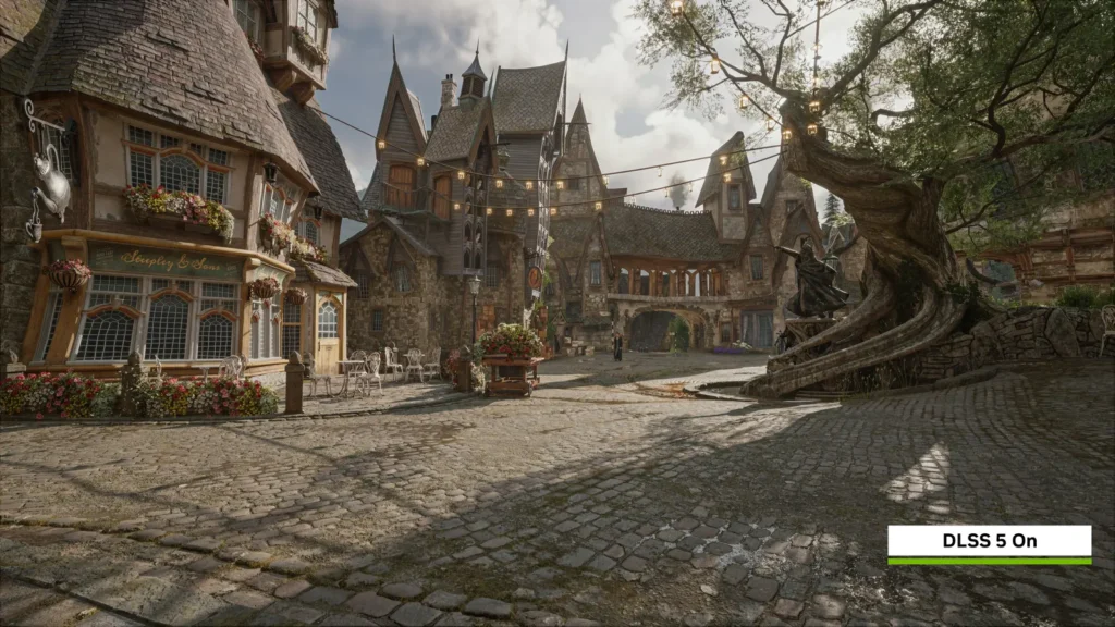 Hogsmeade village square in NVIDIA’s Hogwarts Legacy DLSS 5 on comparison screenshot