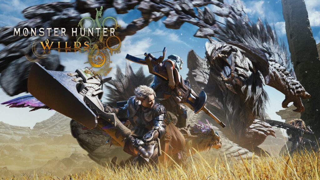 Official Monster Hunter Wilds artwork showing mounted hunters facing a large white monster