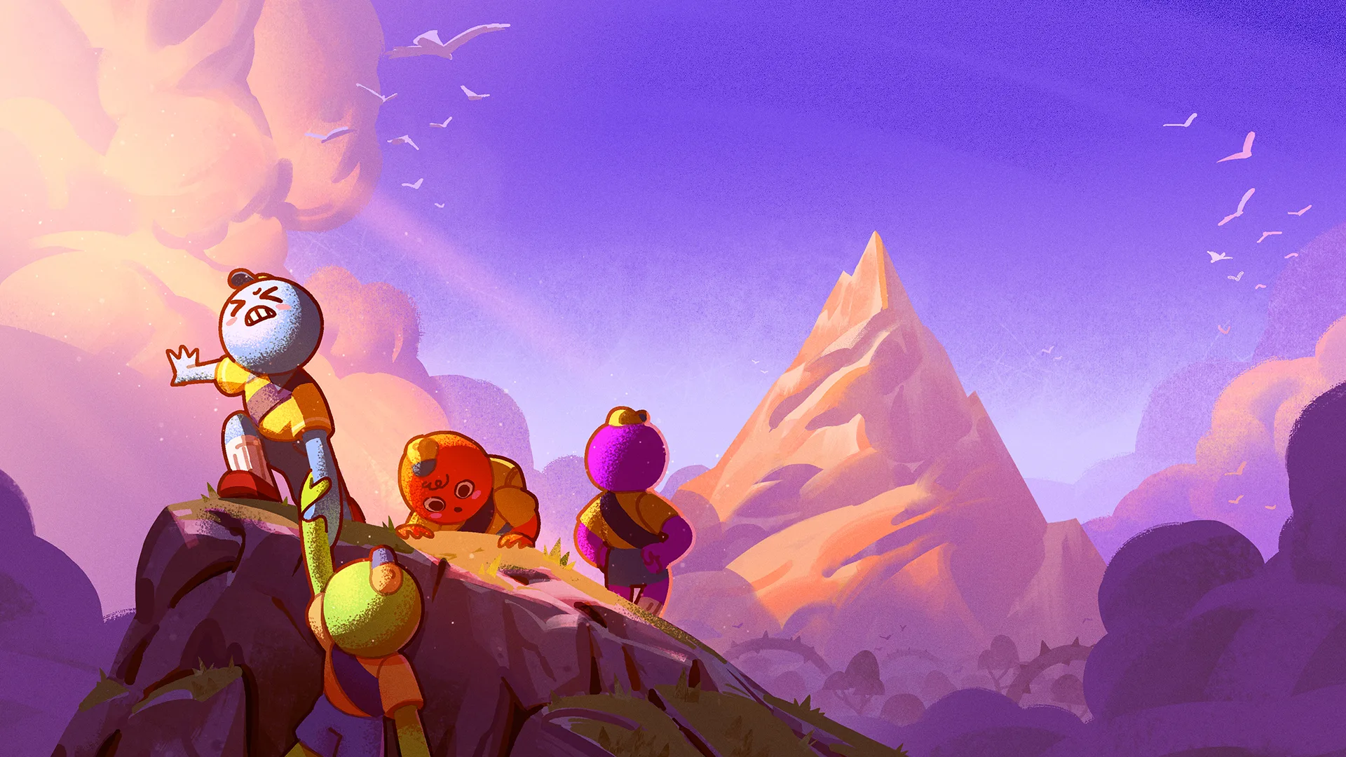 Four PEAK scouts helping one another on a mountain ledge in official console launch artwork