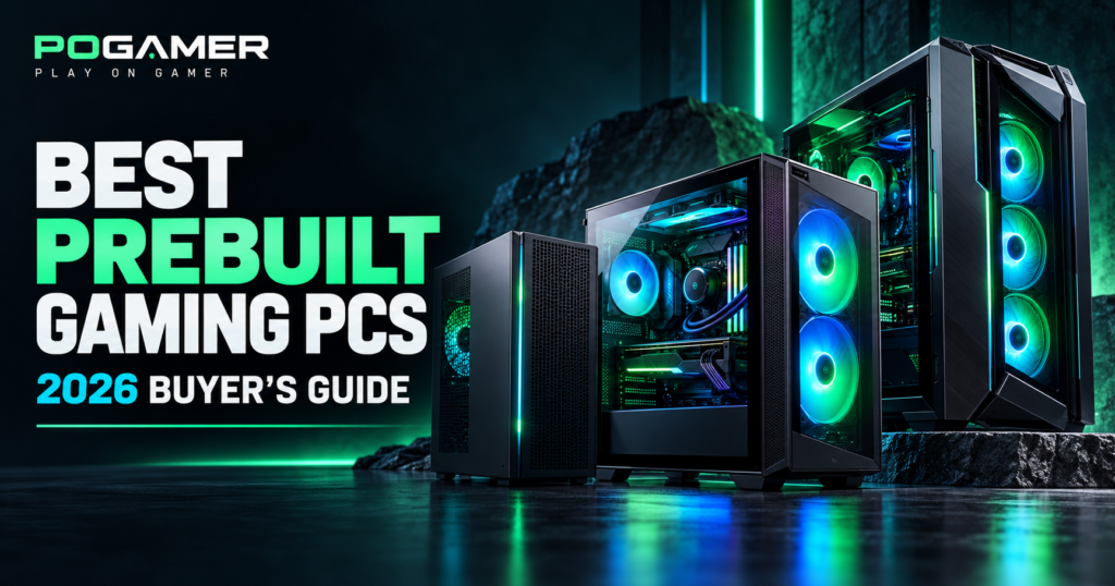 PoGamer Best Prebuilt Gaming PCs 2026 guide graphic with three original gaming towers