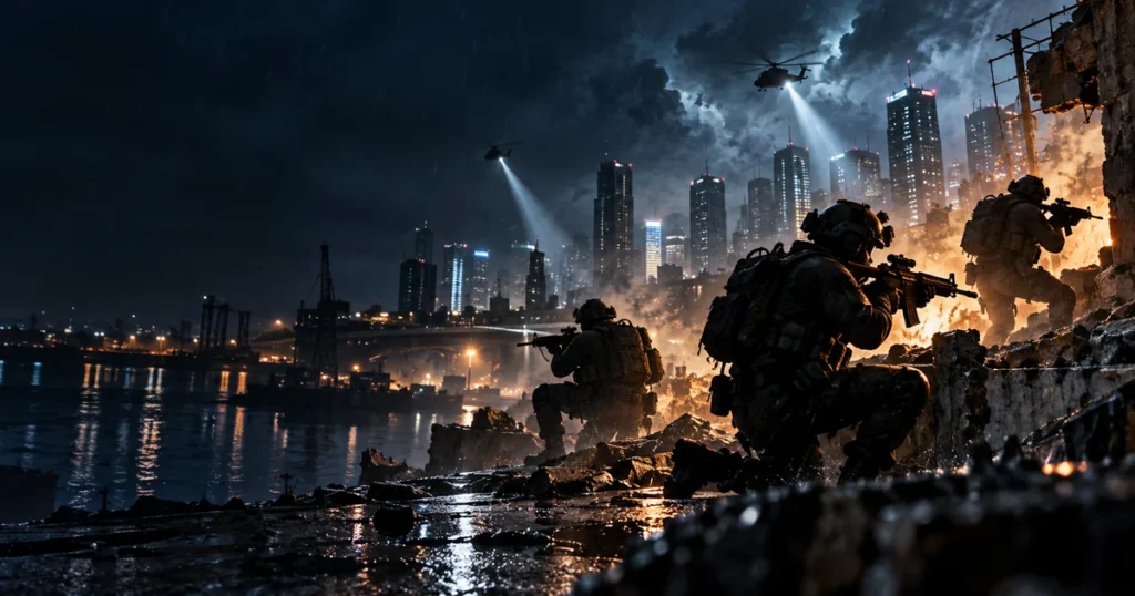 Original illustration of soldiers overlooking a rain-soaked city at night for the Modern Warfare 4 launch story
