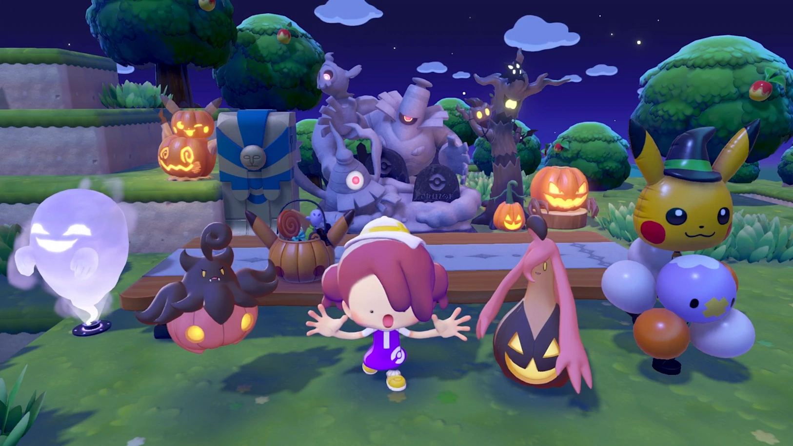 Pumpkaboo, Gourgeist, Ditto and other Pokémon gathered among Halloween decorations in Pokémon Pokopia